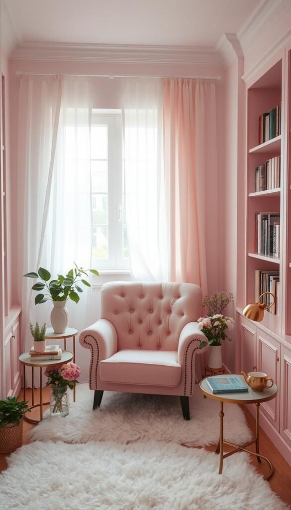 A cozy, feminine reading nook in a soft, pastel-pink palette. A plush, button-tufted armchair sits atop a fluffy white rug, surrounded by built-in bookshelves in delicate rose hues. Sheer, flowy curtains in a matching pink tone frame the window, allowing gentle natural light to filter in. Potted plants and vases of fresh flowers add pops of greenery, while a small, round side table with a polished brass lamp and a mug of tea complete the serene, inviting scene. The room exudes a sense of relaxation and quiet contemplation, perfect for an afternoon of reading or daydreaming.