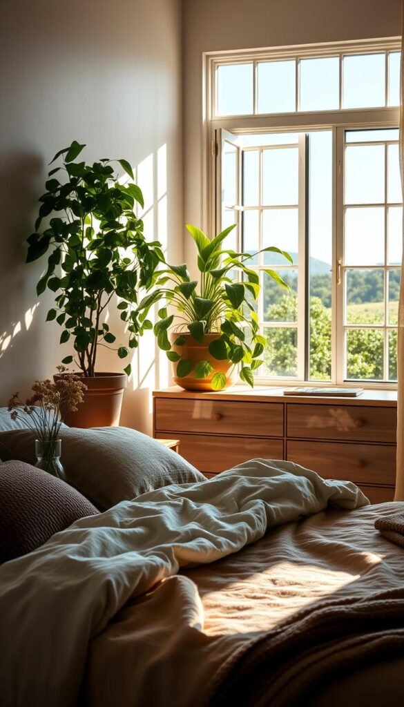 A cozy girl's bedroom bathed in soft, natural light. In the foreground, a plush bedding set with earthy tones and textured throws. On the nightstand, a glass vase holds fresh wildflowers. In the middle ground, a large potted plant cascades over a wooden dresser, its lush greenery complementing the room's neutral palette. In the background, an open window frames a scenic view of lush greenery and a clear blue sky, blending the indoor and outdoor spaces. The overall atmosphere is one of tranquility, simplicity, and a connection to nature.