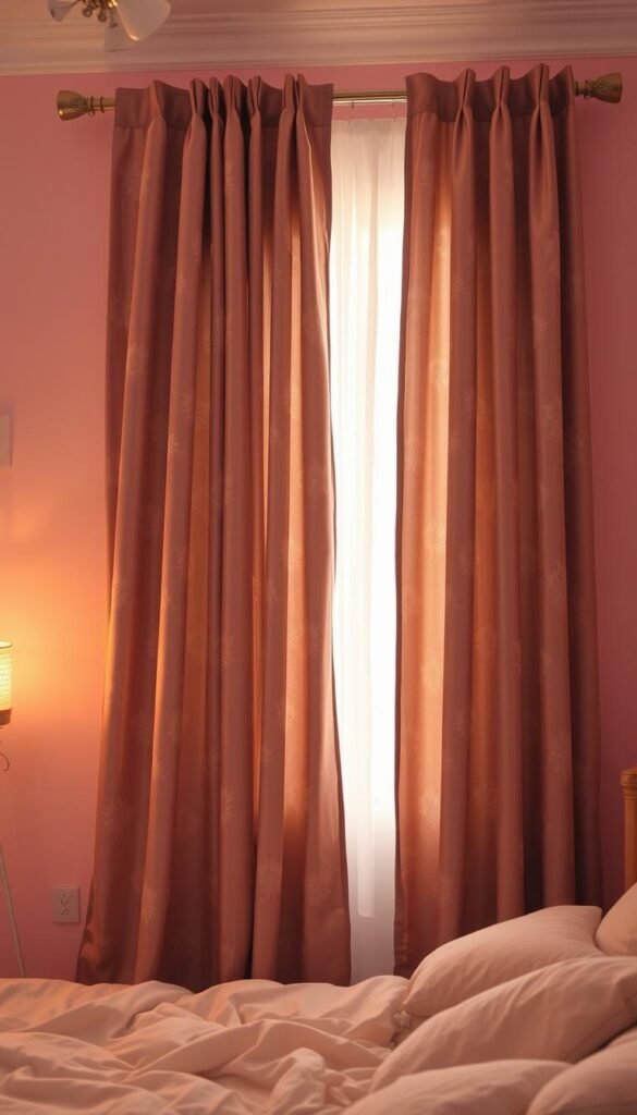 A cozy girl's bedroom bathed in warm, soft lighting. In the center, a set of flowing, shimmering blackout curtains in a delicate floral pattern, their rich, dark hues blocking out all external light to create a peaceful, sleep-inducing ambiance. The curtains are accented by sheer, wispy fabrics that gently drift in a subtle breeze, adding an ethereal, dreamlike quality to the scene. The room's walls are painted in a soothing pastel pink, complemented by plush white bedding and delicate accents. An air of tranquility and comfort pervades the space, inviting the viewer to imagine a restful, undisturbed slumber for a child in this serene, sanctuary-like environment.