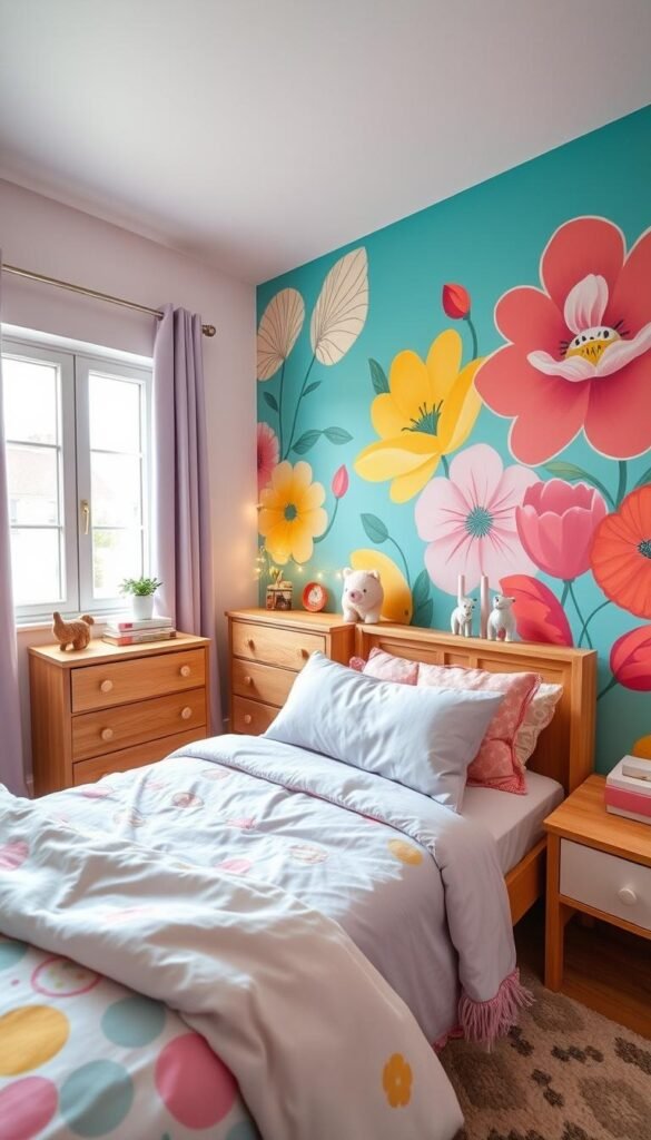 A cozy girls bedroom with a playful and cheerful color scheme. The foreground features a neatly made twin bed with a soft, floral comforter and plush pillows in pastel pinks and lavenders. In the middle ground, a wooden dresser with cutesy animal figurines and a string of fairy lights casts a warm glow. The background showcases vibrant, hand-painted wall murals with abstract floral patterns in vibrant shades of teal, lemon yellow, and coral. Natural light filters in through a large window, creating a bright and airy atmosphere. The overall vibe is inviting, whimsical, and perfect for a young, stylish girl.