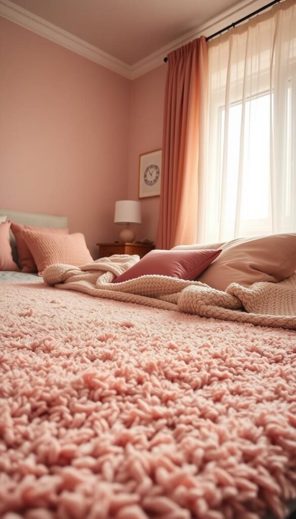 A cozy girl's bedroom with a plush, textured area rug in shades of blush and dusty rose. Layered on top, a chunky knit throw blanket in a neutral tone. Soft velvet and satin accent pillows in complementary hues create a nesting feel. Warm, diffused lighting filters through sheer curtains, casting a gentle glow. The scene is photographed from a low angle, emphasizing the cozy, enveloping ambiance. The focus is on the tactile, inviting textiles that add depth, comfort and a modern feminine touch to the space. A cozy girl's bedroom with a plush, textured area rug in shades of blush and dusty rose. Layered on top, a chunky knit throw blanket in a neutral tone. Soft velvet and satin accent pillows in complementary hues create a nesting feel. Warm, diffused lighting filters through sheer curtains, casting a gentle glow. The scene is photographed from a low angle, emphasizing the cozy, enveloping ambiance. The focus is on the tactile, inviting textiles that add depth, comfort and a modern feminine touch to the space.