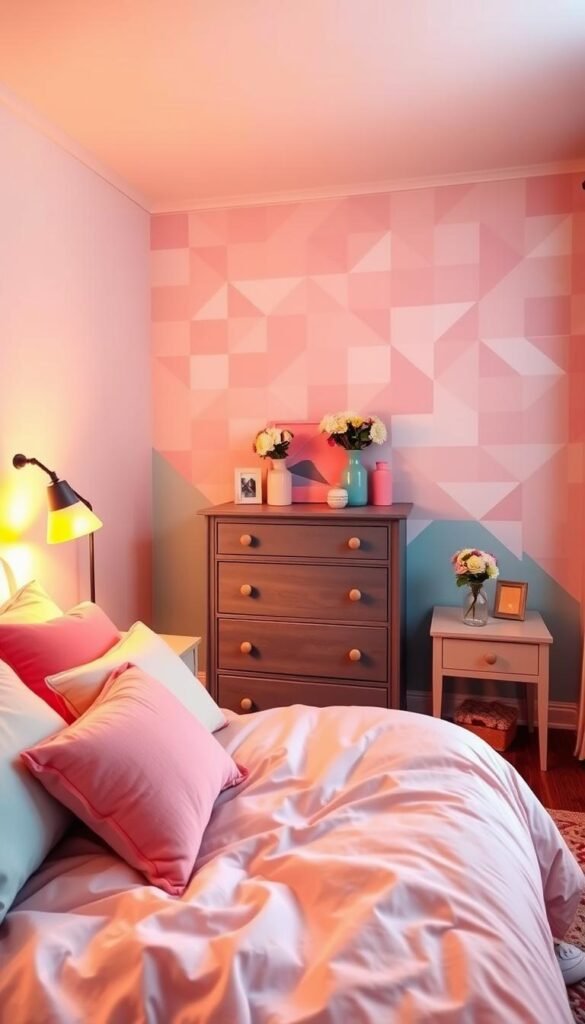 A cozy girls bedroom with a vibrant color scheme. The foreground features a neatly made bed with soft pastel bedding, surrounded by plush pillows in coordinating hues. In the middle ground, a dresser and nightstand with vases of fresh flowers add pops of color. The background showcases a feature wall painted in a playful, geometric pattern that ties the entire room together. Warm, diffused lighting casts a soothing glow, creating an inviting and inspirational atmosphere. The angle captures the room from a slightly elevated perspective, highlighting the dynamic color palette and well-curated decor.