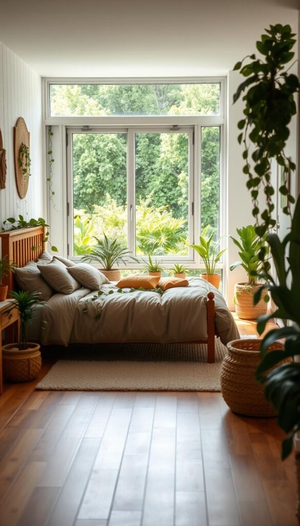 A cozy girl's bedroom with natural elements in a warm, inviting atmosphere. In the foreground, a floor-to-ceiling window overlooks a lush garden, allowing natural light to flood the room. In the middle ground, a wooden bed frame is adorned with a plush, earthy-toned comforter and pillows. Trailing vines and potted plants are strategically placed, adding pops of greenery throughout the space. The background features whitewashed walls and hardwood floors, complementing the organic textures. The lighting is soft and diffused, creating a serene, tranquil mood. Overall, the scene evokes a sense of harmony and balance, seamlessly blending the indoor and outdoor elements. A cozy girl's bedroom with natural elements in a warm, inviting atmosphere. In the foreground, a floor-to-ceiling window overlooks a lush garden, allowing natural light to flood the room. In the middle ground, a wooden bed frame is adorned with a plush, earthy-toned comforter and pillows. Trailing vines and potted plants are strategically placed, adding pops of greenery throughout the space. The background features whitewashed walls and hardwood floors, complementing the organic textures. The lighting is soft and diffused, creating a serene, tranquil mood. Overall, the scene evokes a sense of harmony and balance, seamlessly blending the indoor and outdoor elements.