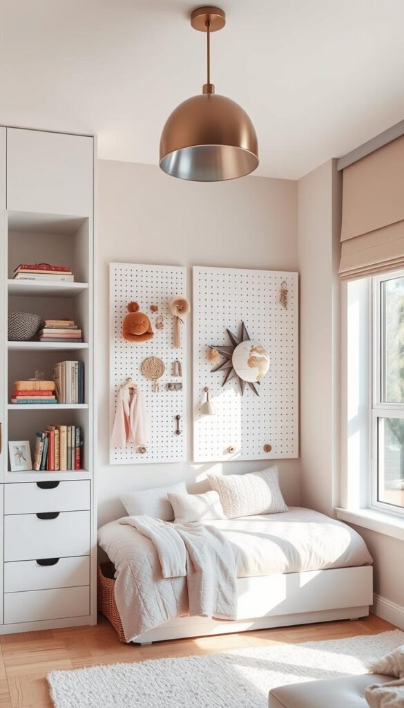 A cozy girl's bedroom with sleek, built-in storage solutions along the walls. Minimalist white shelves and drawers neatly organize books, trinkets, and personal items. A large, hanging pegboard with hooks and rails provides additional customizable storage space. Soft lighting from a modern, brushed metal pendant fixture illuminates the space, creating a warm and inviting atmosphere. The room is filled with natural light streaming through large windows, accentuating the clean lines and modern aesthetic. Pops of pastel colors in the textiles and decor add a youthful, yet sophisticated touch to the overall design. A cozy girl's bedroom with sleek, built-in storage solutions along the walls. Minimalist white shelves and drawers neatly organize books, trinkets, and personal items. A large, hanging pegboard with hooks and rails provides additional customizable storage space. Soft lighting from a modern, brushed metal pendant fixture illuminates the space, creating a warm and inviting atmosphere. The room is filled with natural light streaming through large windows, accentuating the clean lines and modern aesthetic. Pops of pastel colors in the textiles and decor add a youthful, yet sophisticated touch to the overall design.