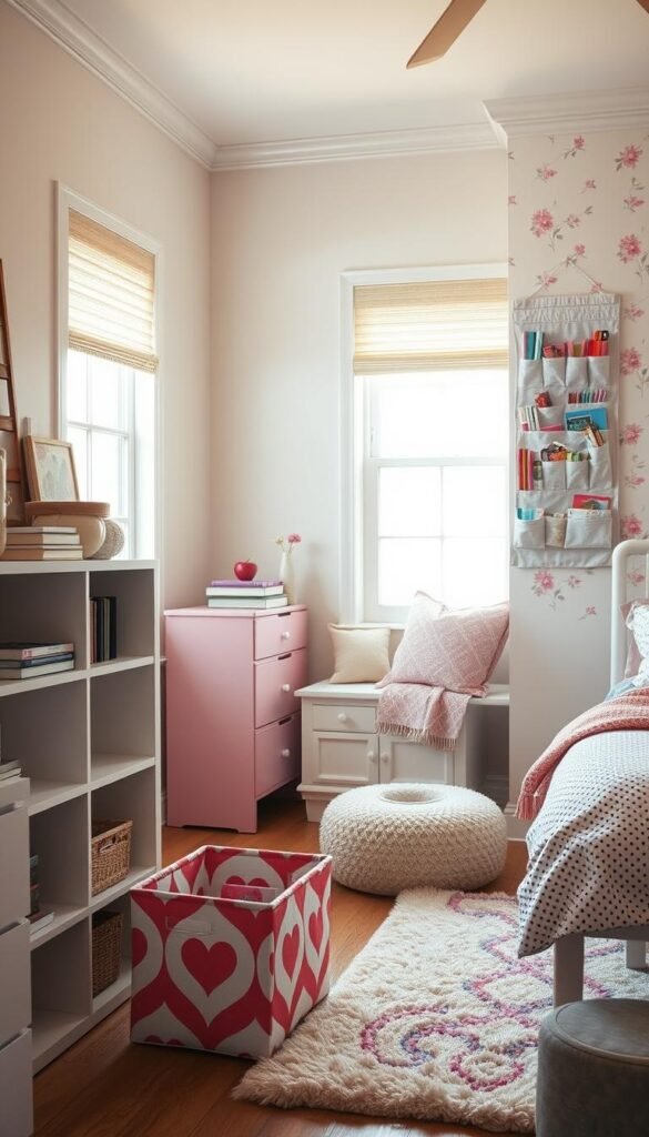 A cozy girl's bedroom with warm, natural lighting streaming through the windows. In the foreground, an assortment of stylish storage solutions - a sleek white bookshelf with floating shelves, a colorful fabric storage bin on a low dresser, and a hanging wall organizer with pockets for trinkets and stationery. In the middle ground, a plush area rug and a comfy reading nook with plush pillows. The background features soft, pastel-colored walls, and a delicate floral wallpaper accent wall. The overall atmosphere is one of organization, creativity, and youthful charm. A cozy girl's bedroom with warm, natural lighting streaming through the windows. In the foreground, an assortment of stylish storage solutions - a sleek white bookshelf with floating shelves, a colorful fabric storage bin on a low dresser, and a hanging wall organizer with pockets for trinkets and stationery. In the middle ground, a plush area rug and a comfy reading nook with plush pillows. The background features soft, pastel-colored walls, and a delicate floral wallpaper accent wall. The overall atmosphere is one of organization, creativity, and youthful charm.