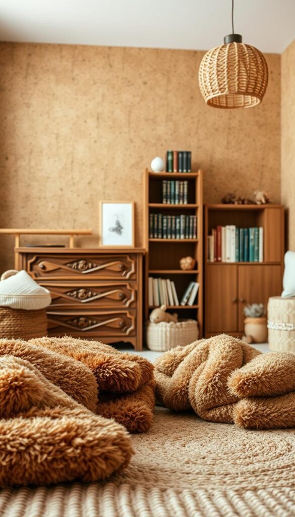 A cozy kids' room with textural layers that invite touch. In the foreground, soft plush fabrics in earthy tones form an inviting play space, with a woven rug underfoot. In the middle ground, a wooden dresser with intricate carved detailing stands beside a bookshelf featuring textured spines. The background showcases a wall covered in natural cork, adding an earthy, tactile element. Warm, diffused lighting from a hanging pendant casts a gentle glow, creating an atmosphere of comfort and exploration. The scene captures a harmonious blend of natural materials, delivering a touchable, sensory-rich experience for the young occupant. A cozy kids' room with textural layers that invite touch. In the foreground, soft plush fabrics in earthy tones form an inviting play space, with a woven rug underfoot. In the middle ground, a wooden dresser with intricate carved detailing stands beside a bookshelf featuring textured spines. The background showcases a wall covered in natural cork, adding an earthy, tactile element. Warm, diffused lighting from a hanging pendant casts a gentle glow, creating an atmosphere of comfort and exploration. The scene captures a harmonious blend of natural materials, delivering a touchable, sensory-rich experience for the young occupant.