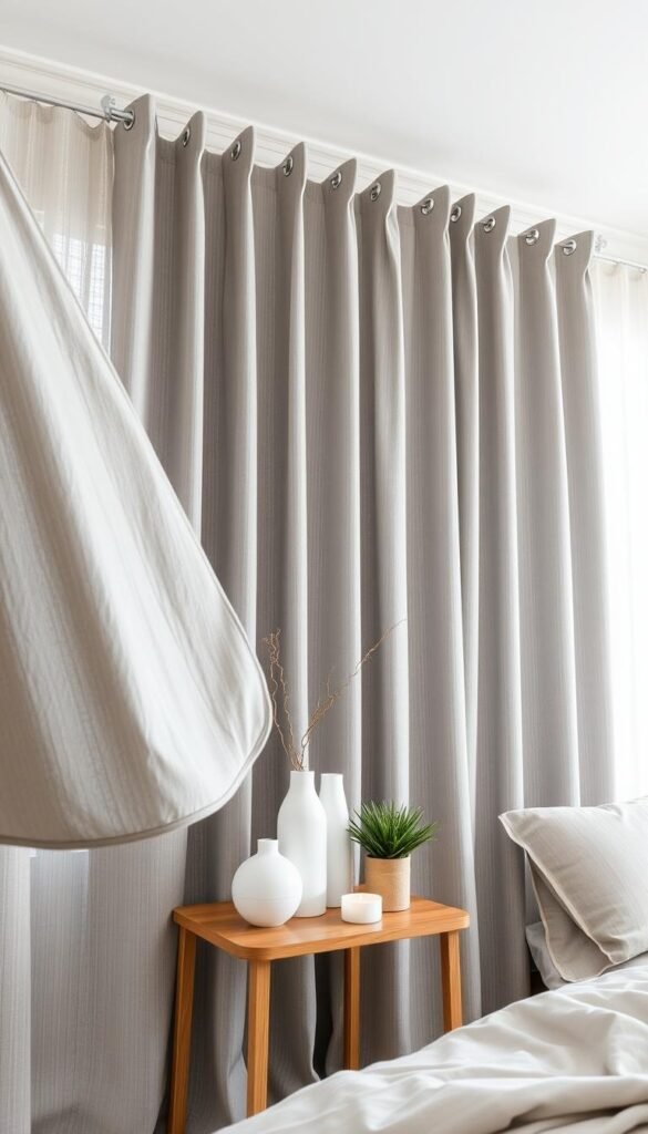 A cozy light-filled bedroom with a large grey curtain panel in the foreground, softly billowing in a gentle breeze. Behind it, a collection of stylish decor items arranged on a wooden side table - vases, candles, and a potted plant, all in complementary hues of grey, white, and natural wood tones. The curtain fabric has a subtle texture, adding depth and visual interest. The overall scene exudes a sense of tranquility and relaxation, inviting the viewer to imagine how these grey curtains could elevate the design of a peaceful, serene bedroom space.