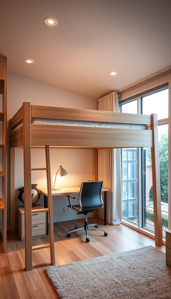 A cozy loft bed with a functional study area beneath it. The bed frame is made of sleek, light-colored wood, creating an airy and inviting atmosphere. The study space features a minimalist desk and a comfortable office chair, positioned in the middle ground. Soft, warm lighting from a desk lamp and recessed ceiling fixtures gently illuminate the scene. Large windows in the background allow natural light to flood the space, casting a serene, sun-dappled glow. The overall composition emphasizes efficiency and a harmonious blend of living and working areas within a compact, yet stylish bedroom design.