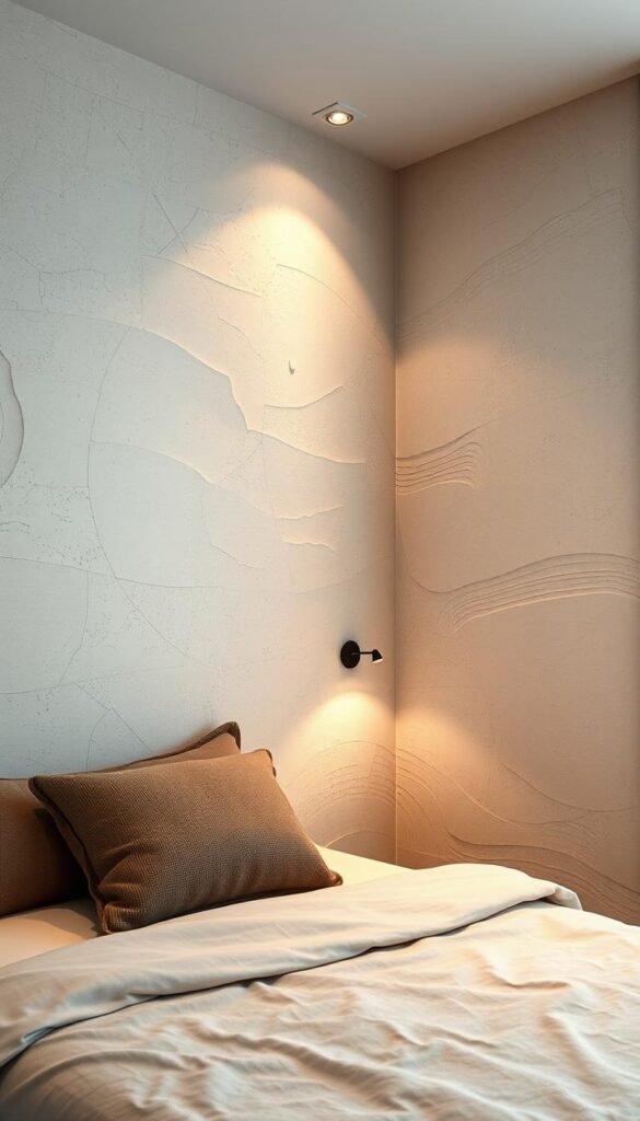 A cozy, modern bedroom with textured walls that invite touch. Soft, muted lighting casts a warm glow, accentuating the intricate, tactile surfaces. Subtle, undulating patterns in a neutral color palette create a sense of depth and visual interest. The walls have a slightly rough, organic texture, suggesting natural materials like plaster or limestone. Pockets of shadow add depth and dimension, while carefully placed light sources highlight the tactile qualities. The overall atmosphere is one of understated elegance, where the textures and details elevate the space beyond the ordinary.