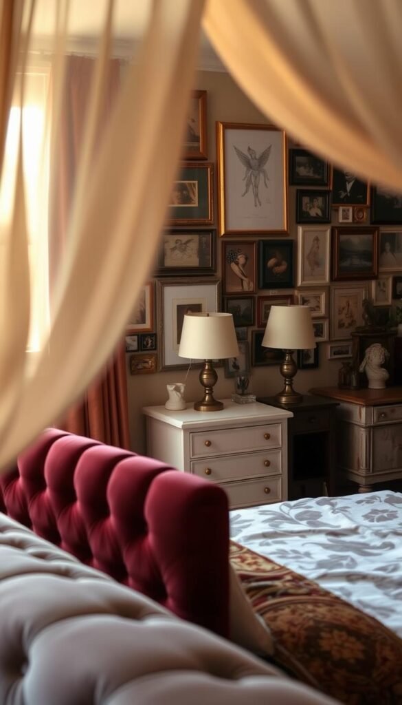 A cozy, personalized bedroom space featuring an eclectic mix of vintage and modern furnishings. In the foreground, a plush, tufted headboard in a rich jewel-toned velvet framed by wispy, sheer curtains that filter the warm, golden light. The middle ground showcases a mismatched set of nightstands, one a sleek, minimalist design and the other a distressed antique piece, each adorned with a unique table lamp. The background reveals an eclectic gallery wall of framed artwork, photographs, and curiosities, creating a visually-stimulating, lived-in ambiance. The overall mood is one of relaxed sophistication, inviting the viewer to imagine themselves nestled in this deeply personal, comfortable retreat.