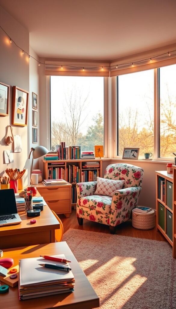 A cozy, personalized girl's bedroom with vibrant, hobby-inspired decor. The foreground features a warm, wooden desk adorned with craft supplies, sketchbooks, and a laptop, hinting at her creative passions. The middle ground showcases a plush, floral-patterned armchair and a bookshelf filled with eclectic tomes, reflecting her diverse interests. The background reveals a large, panoramic window bathed in soft, golden natural light, casting a serene, inviting ambiance. Tasteful wall hangings, such as framed artwork and fairy string lights, add personal touches that bring her unique personality to life. The overall atmosphere is one of comfort, inspiration, and self-expression. A cozy, personalized girl's bedroom with vibrant, hobby-inspired decor. The foreground features a warm, wooden desk adorned with craft supplies, sketchbooks, and a laptop, hinting at her creative passions. The middle ground showcases a plush, floral-patterned armchair and a bookshelf filled with eclectic tomes, reflecting her diverse interests. The background reveals a large, panoramic window bathed in soft, golden natural light, casting a serene, inviting ambiance. Tasteful wall hangings, such as framed artwork and fairy string lights, add personal touches that bring her unique personality to life. The overall atmosphere is one of comfort, inspiration, and self-expression.