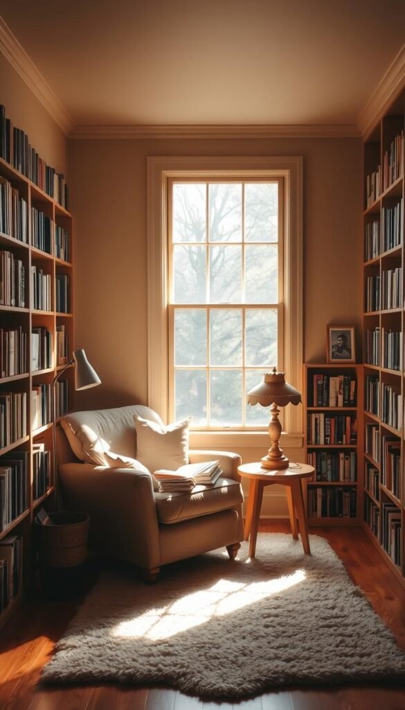 A cozy reading nook in a warm, natural-light-filled space. A comfortable armchair with plush cushions, nestled next to a wooden side table holding a reading lamp. Bookshelves line the walls, filled with a curated collection of hardcovers. A soft, neutral-colored rug grounds the area, inviting one to sink in and get lost in a good book. Filtered sunlight streams through a large window, casting a gentle glow across the scene. The atmosphere is tranquil, serene, and perfect for an afternoon of undisturbed literary exploration. A cozy reading nook in a warm, natural-light-filled space. A comfortable armchair with plush cushions, nestled next to a wooden side table holding a reading lamp. Bookshelves line the walls, filled with a curated collection of hardcovers. A soft, neutral-colored rug grounds the area, inviting one to sink in and get lost in a good book. Filtered sunlight streams through a large window, casting a gentle glow across the scene. The atmosphere is tranquil, serene, and perfect for an afternoon of undisturbed literary exploration.
