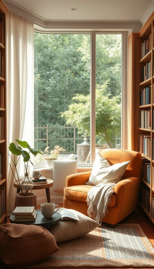 A cozy reading nook with a comfortable, overstuffed armchair in a warm, earthy tone, situated next to a large window overlooking a lush, verdant garden. Soft, diffused natural lighting filters through sheer curtains, casting a gentle glow across the space. Bookshelves line the walls, filled with a curated collection of volumes. A plush, patterned area rug defines the space, and a small side table holds a steaming mug of tea and a stack of well-worn books. Throw pillows and a cozy blanket invite one to curl up and immerse themselves in the written word, surrounded by the tranquility of this intimate, personalized retreat. A cozy reading nook with a comfortable, overstuffed armchair in a warm, earthy tone, situated next to a large window overlooking a lush, verdant garden. Soft, diffused natural lighting filters through sheer curtains, casting a gentle glow across the space. Bookshelves line the walls, filled with a curated collection of volumes. A plush, patterned area rug defines the space, and a small side table holds a steaming mug of tea and a stack of well-worn books. Throw pillows and a cozy blanket invite one to curl up and immerse themselves in the written word, surrounded by the tranquility of this intimate, personalized retreat.