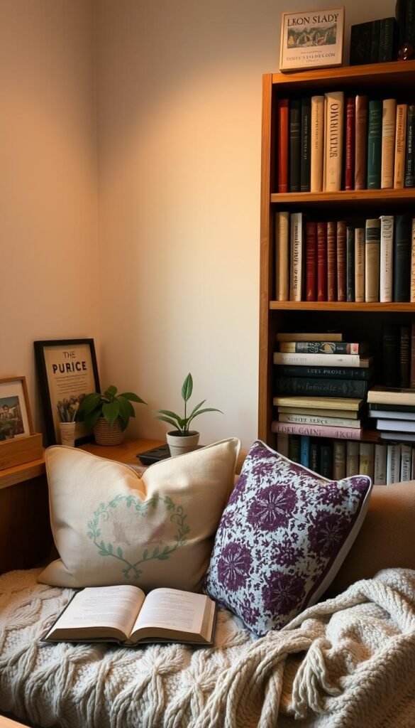 A cozy reading nook with plush pillows, a vintage-style wooden bookshelf, and a collection of well-worn books. The nook is bathed in soft, warm lighting, creating a inviting and intimate atmosphere. Decorative elements like a small potted plant, a decorative throw blanket, and personal trinkets add a sense of personalization and character to the space. The bookshelf is filled with a mix of hardcover and paperback volumes, hinting at the owner's diverse literary interests. The overall scene conveys a sense of comfort, relaxation, and a love for the simple pleasures of reading. A cozy reading nook with plush pillows, a vintage-style wooden bookshelf, and a collection of well-worn books. The nook is bathed in soft, warm lighting, creating a inviting and intimate atmosphere. Decorative elements like a small potted plant, a decorative throw blanket, and personal trinkets add a sense of personalization and character to the space. The bookshelf is filled with a mix of hardcover and paperback volumes, hinting at the owner's diverse literary interests. The overall scene conveys a sense of comfort, relaxation, and a love for the simple pleasures of reading.