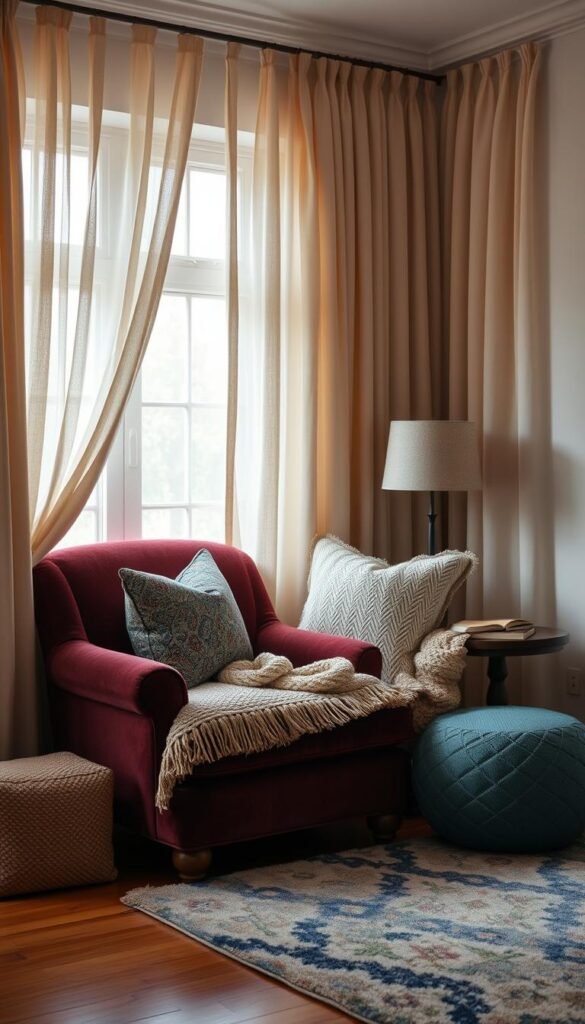 A cozy reading nook with soft, textured fabrics in muted earth tones. Plush velvet armchair in deep burgundy, accented by a chunky knit throw blanket in oatmeal. Sheer curtains in warm ivory cascade around a large window, filtering the gentle natural light. A small side table holds a vintage table lamp with a linen shade, casting a soft, ambient glow. Pillows in complementary patterns and textures - paisley, herringbone, cable knit - invite you to sink in and get lost in a book. Hardwood floors and a plush area rug in muted blues and greens complete the serene, inviting atmosphere. A cozy reading nook with soft, textured fabrics in muted earth tones. Plush velvet armchair in deep burgundy, accented by a chunky knit throw blanket in oatmeal. Sheer curtains in warm ivory cascade around a large window, filtering the gentle natural light. A small side table holds a vintage table lamp with a linen shade, casting a soft, ambient glow. Pillows in complementary patterns and textures - paisley, herringbone, cable knit - invite you to sink in and get lost in a book. Hardwood floors and a plush area rug in muted blues and greens complete the serene, inviting atmosphere.