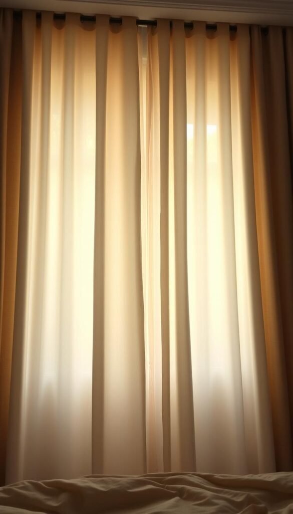 A cozy, soft-lit bedroom scene featuring a layered curtain design. In the foreground, sheer cream-colored curtains cascade gracefully, filtering the warm glow of subtle lighting. Behind them, a second layer of heavier, textured curtains in a complementary neutral tone frames the window, adding depth and visual interest. The resulting effect creates a soothing, enveloping atmosphere, perfect for a restful, cozy retreat. The lighting is mellow and diffused, casting a gentle, inviting ambiance. Shoot this scene at a slightly elevated angle to capture the full layered effect of the curtains.