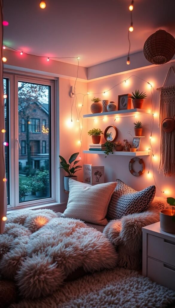 A cozy study nook bathed in the soft glow of multicolored fairy lights, the confetti-like sparkles dancing across the scene. Plush pillows and a cozy throw blanket invite you to settle in and get lost in a good book. Sleek floating shelves display an array of trinkets, plants, and cherished mementos. The warm lighting casts a dreamy, intimate atmosphere, perfect for homework, journaling, or quiet contemplation. A large window offers a view of the outside world, blurring the boundaries between indoors and out. Textures like woven baskets, macrame wall hangings, and a fluffy shag rug add depth and visual interest. This enchanting space exudes a youthful, whimsical energy perfect for a teenage girl's bedroom.