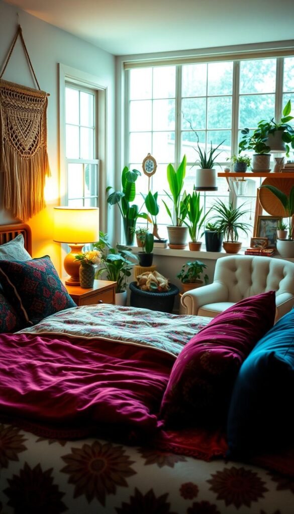 A cozy, sun-dappled bedroom with vibrant boho-chic accents. In the foreground, a bed adorned with plush, patterned bedding and an array of throw pillows in rich jewel tones. On the nightstand, a glowing table lamp casts a warm glow, accompanied by a delicate vase of fresh flowers. In the middle ground, a woven macrame wall hanging adds a touch of whimsy, while a plush, tufted chair invites relaxation. The background features a large window, letting in natural light and showcasing a collection of potted plants and eclectic decor pieces, creating a serene, personalized oasis. A cozy, sun-dappled bedroom with vibrant boho-chic accents. In the foreground, a bed adorned with plush, patterned bedding and an array of throw pillows in rich jewel tones. On the nightstand, a glowing table lamp casts a warm glow, accompanied by a delicate vase of fresh flowers. In the middle ground, a woven macrame wall hanging adds a touch of whimsy, while a plush, tufted chair invites relaxation. The background features a large window, letting in natural light and showcasing a collection of potted plants and eclectic decor pieces, creating a serene, personalized oasis.