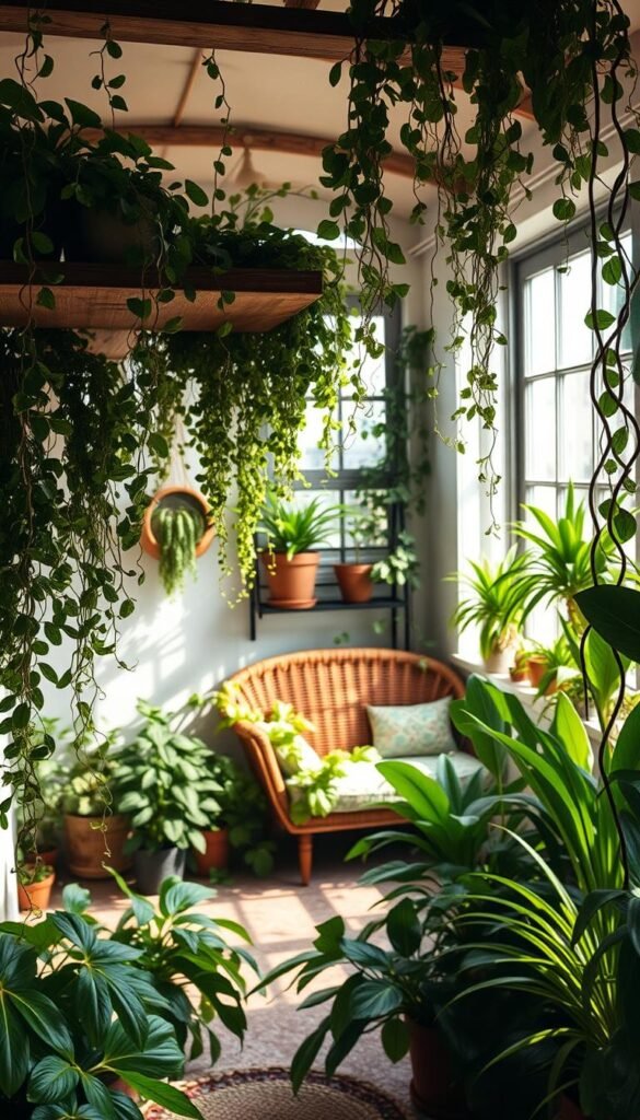 A cozy, sun-drenched boho bedroom filled with lush, verdant foliage. In the foreground, cascading potted plants spill over the edges of a rustic wooden shelf, their vines and leaves creating a natural, bohemian tapestry. Trailing plants hang from the ceiling, framing the space with their graceful tendrils. In the middle ground, a wicker loveseat is nestled amidst a vibrant collection of leafy houseplants, their varied shades of green complementing the earthy tones of the room. The background is dominated by a large window, allowing natural light to filter in and cast a warm, golden glow over the entire scene. The overall atmosphere is one of serene, organic harmony, inviting the viewer to embrace the soothing power of nature within this cozy, plant-filled sanctuary.