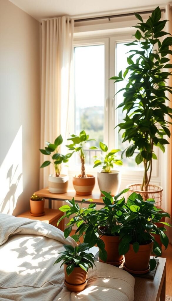 A cozy, sun-lit bedroom with lush, verdant potted plants arranged artfully throughout the space. In the foreground, a cluster of thriving houseplants in terracotta pots adorn a wooden side table, casting gentle shadows across the room. Tall, leafy plants in the middle ground stand in ceramic planters on the windowsill, framing the tranquil outdoor view. In the background, a tall, leafy fiddle-leaf fig tree stands proudly in the corner, its rich foliage creating a natural, serene ambiance. The soft, diffused lighting from the window bathes the scene in a warm, inviting glow, perfectly complementing the fresh, organic atmosphere. A cozy, sun-lit bedroom with lush, verdant potted plants arranged artfully throughout the space. In the foreground, a cluster of thriving houseplants in terracotta pots adorn a wooden side table, casting gentle shadows across the room. Tall, leafy plants in the middle ground stand in ceramic planters on the windowsill, framing the tranquil outdoor view. In the background, a tall, leafy fiddle-leaf fig tree stands proudly in the corner, its rich foliage creating a natural, serene ambiance. The soft, diffused lighting from the window bathes the scene in a warm, inviting glow, perfectly complementing the fresh, organic atmosphere.