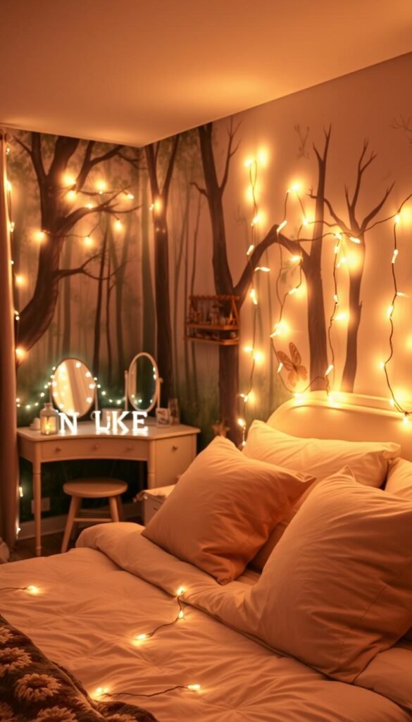 A cozy teen bedroom bathed in the warm glow of themed string lights. In the foreground, a neatly made bed with soft, plush bedding and plentiful throw pillows. Strands of whimsical, fairy-like lights adorn the headboard, cascading down the sides. In the middle ground, a small vanity table with a delicate wire-frame mirror, decorated with more twinkling lights. The background features a feature wall with a mural or wallpaper in a nature-inspired, enchanted forest motif, complemented by the magical lighting. Overall, a serene, dreamlike atmosphere perfect for a teenage girl's sanctuary.