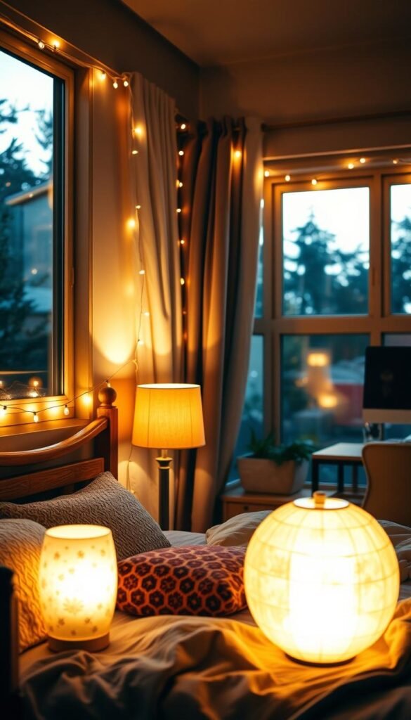 A cozy teen bedroom filled with warm, diffused lighting. A large window floods the space with natural light, casting soft shadows and highlights. Fairy lights adorn the headboard, casting a gentle, ambient glow. A study nook in the corner features a table lamp with a translucent, textured shade, creating a pool of light perfect for reading or studying. Wooden accents, plush textiles, and personal decor pieces contribute to a welcoming, relaxing atmosphere. The overall lighting scheme is inviting, enhancing the room's coziness and reflecting the unique personality of the teen occupant.