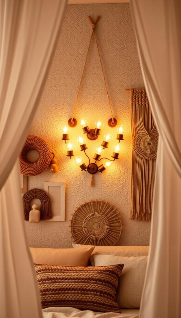 A cozy teen bedroom with a boho-inspired heart-shaped wall light display. The focal point is a cluster of warm-toned, sconce-style lights arranged in a heart shape, casting a soft, inviting glow. The lights are mounted on a textured, neutral-colored wall, complemented by organic textures like woven baskets and macrame wall hangings. Soft, billowing curtains frame the scene, adding to the serene, relaxed ambiance. The lighting is well-balanced, creating a harmonious, intimate atmosphere perfect for a teenager's personal sanctuary.
