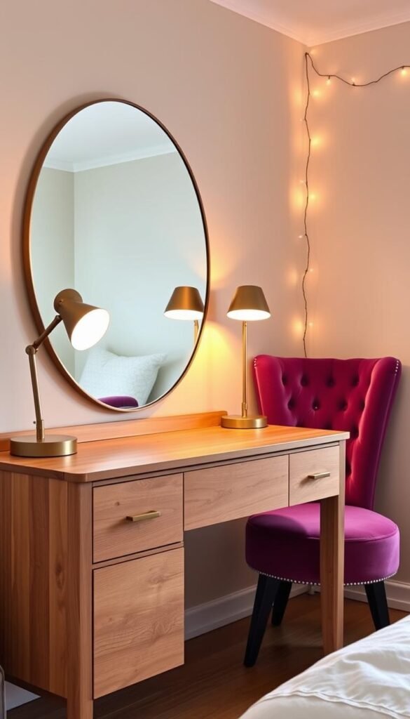A cozy teen bedroom with a stylish desk vanity combo. In the foreground, a wooden vanity desk with a large round mirror, sleek drawers, and delicate golden hardware. Atop the desk, a modern desk lamp casts a warm glow, illuminating the space. In the middle ground, a plush velvet chair in a vibrant shade complements the desk. The background features a neutral-toned wall, with a string of fairy lights adding a whimsical touch. The overall scene conveys a sense of functionality and elegance, perfect for a young creative's workspace.
