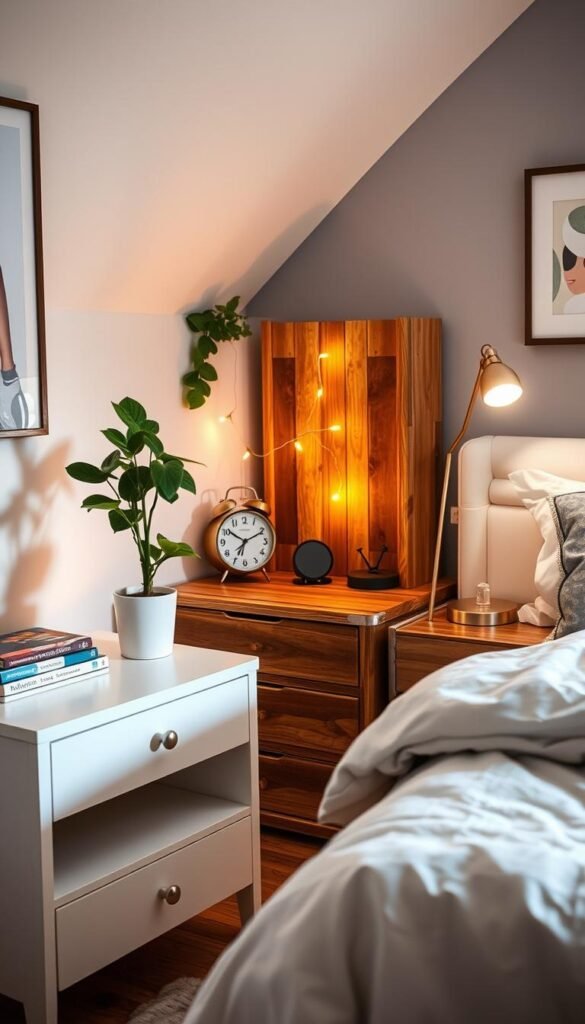 A cozy teen bedroom with a variety of personalized nightstand styles. In the foreground, a minimalist white nightstand with a potted plant and a stacked book display. In the middle ground, a rustic wooden nightstand with a retro alarm clock and a string of fairy lights. In the background, a modern metallic nightstand with a geometric lamp and framed artwork. The lighting is soft and warm, creating a inviting and youthful ambiance. Capture the personality and unique style preferences of a teenage girl.