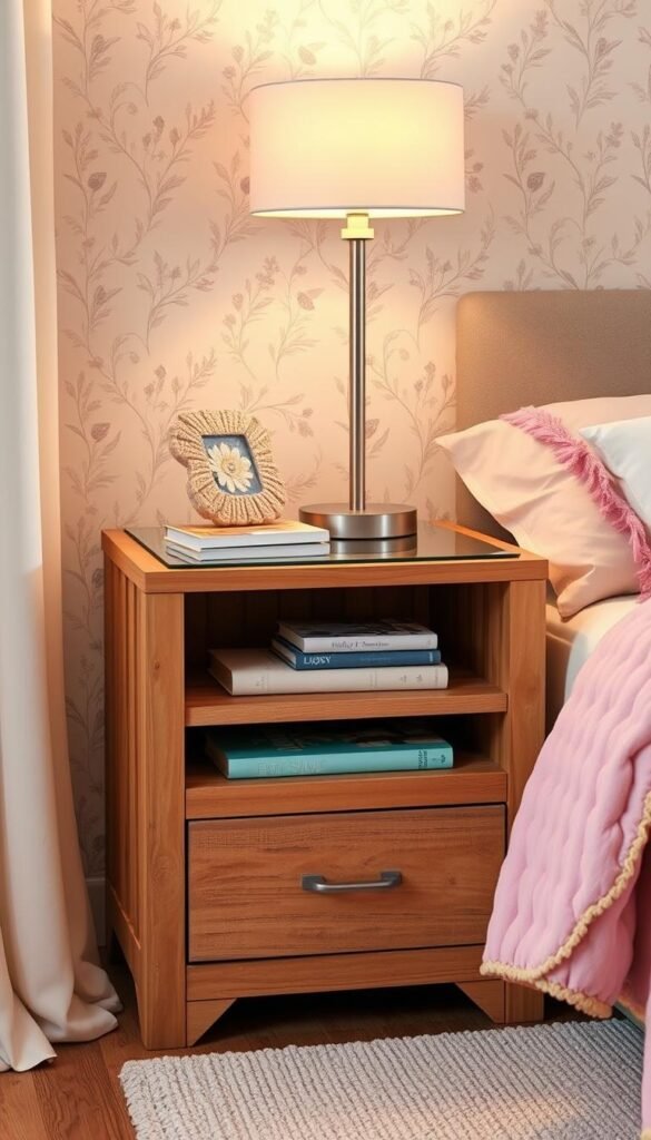 A cozy teen girl's bedroom nightstand with ample storage space. The nightstand is made of rustic wood, with a distressed finish that adds character. On top, a sleek glass tabletop reflects the warm, ambient lighting from a modern, minimalist lamp. The nightstand features two drawers and a shelf, providing ample space to neatly organize books, journals, and other personal items. Soft, pastel-colored textiles, such as a plush throw blanket and decorative pillows, create a comforting and inviting atmosphere. The nightstand is positioned against a wall with a delicate floral wallpaper pattern, complementing the overall feminine and soothing aesthetic of the bedroom.
