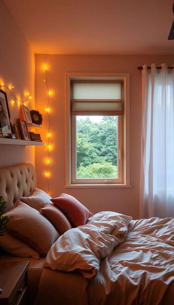 A cozy teen girl's bedroom with warm, ambient lighting that creates a serene and inviting atmosphere. The room features a plush, tufted headboard, soft textiles, and delicate fairy lights that cast a gentle glow. Shelves display personal trinkets and framed artwork, while a large window provides natural light and a view of a lush, green landscape outside. The overall mood is one of relaxation and comfort, perfect for unwinding or studying. The lighting is carefully curated to enhance the space's aesthetic and foster a sense of tranquility.