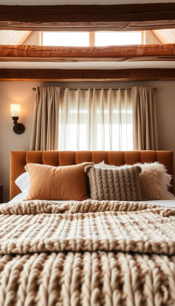A cozy, textured bedroom with layered elements for depth and warmth. In the foreground, a plush velvet headboard in a rich, earthy tone, illuminated by soft, diffused lighting from a pair of mid-century modern sconces. In the middle ground, a chunky cable-knit throw and fluffy pillows in complementary hues add texture and tactility. The background features exposed wooden beams, lending an organic, rustic feel, with sheer curtains softly filtering natural light. The overall atmosphere is one of comfort and relaxation, inviting the viewer to sink into the layers of this serene, beautifully designed space.