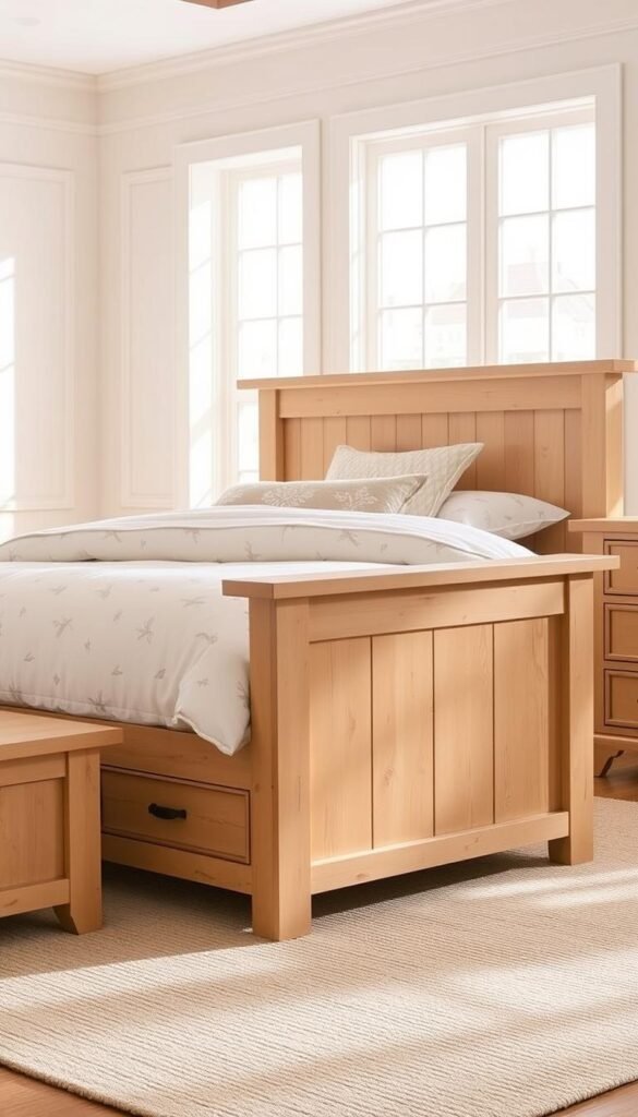 A cozy twin full bedroom set with a matching headboard, footboard, and side rails in a warm, soft beige tone. The set is positioned in a well-lit, airy room with large windows letting in natural light. The soft, plush bedding in a subtle floral or stripe pattern creates an inviting and relaxing atmosphere. The wooden furniture has a slight distressed finish, adding to the charming, rustic-chic aesthetic. A few decorative throw pillows in complementary colors and textures complete the cohesive, homey look. The overall scene conveys a sense of comfort and practicality, perfect for a girls' bedroom.