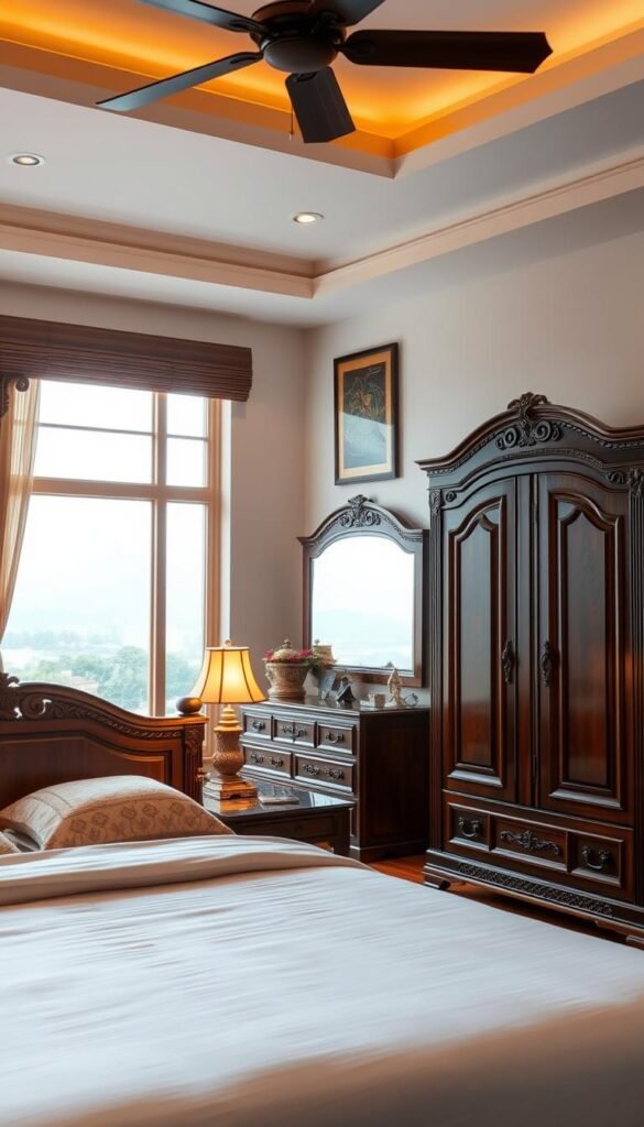 A cozy, well-lit Pakistani bedroom, showcasing a thoughtfully curated set of elegant wooden furniture. In the foreground, a luxurious king-size bed with a plush comforter and decorative pillows. Beside it, a pair of intricately carved wooden nightstands with reading lamps casting a warm glow. In the middle ground, a spacious armoire and dresser in a rich, dark finish, complemented by traditional Pakistani art and textiles. The background features a large window overlooking a serene outdoor scene, allowing natural light to filter in and create a soothing, tranquil atmosphere. The overall design strikes a perfect balance between modern comfort and timeless Pakistani craftsmanship. A cozy, well-lit Pakistani bedroom, showcasing a thoughtfully curated set of elegant wooden furniture. In the foreground, a luxurious king-size bed with a plush comforter and decorative pillows. Beside it, a pair of intricately carved wooden nightstands with reading lamps casting a warm glow. In the middle ground, a spacious armoire and dresser in a rich, dark finish, complemented by traditional Pakistani art and textiles. The background features a large window overlooking a serene outdoor scene, allowing natural light to filter in and create a soothing, tranquil atmosphere. The overall design strikes a perfect balance between modern comfort and timeless Pakistani craftsmanship.