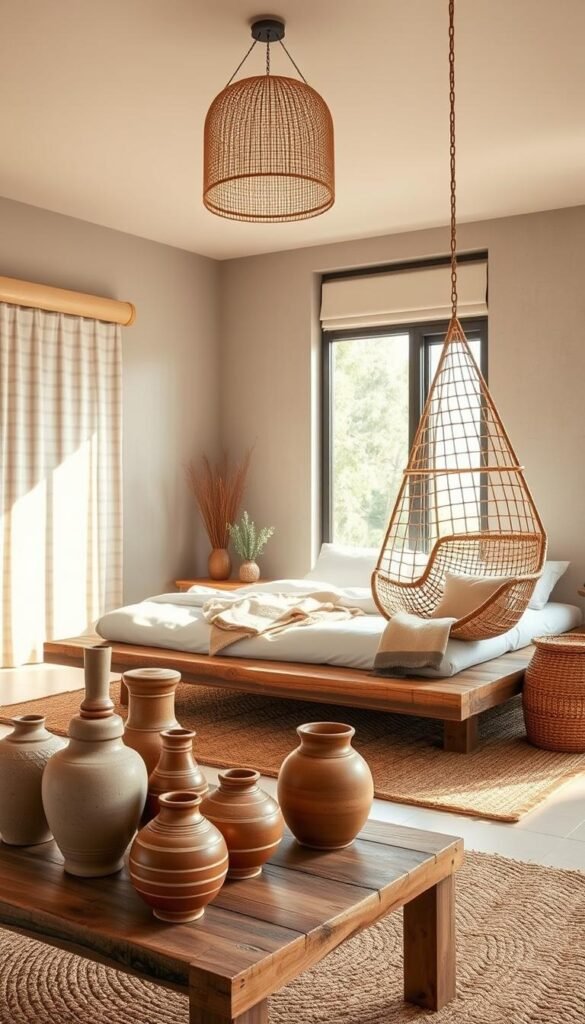 A cozy, well-lit bedroom featuring a reclaimed wood platform bed, a hanging rattan chair, and a woven jute area rug. In the foreground, an assortment of handcrafted ceramic vases and terra-cotta planters sit on a rustic wooden side table. The middle ground showcases a large, floor-to-ceiling window, allowing natural light to flood the space and highlighting the textures of the sustainable materials. The background features a neutral-toned accent wall, accentuating the earthy, organic feel of the room. The overall atmosphere is one of warmth, comfort, and environmental consciousness.