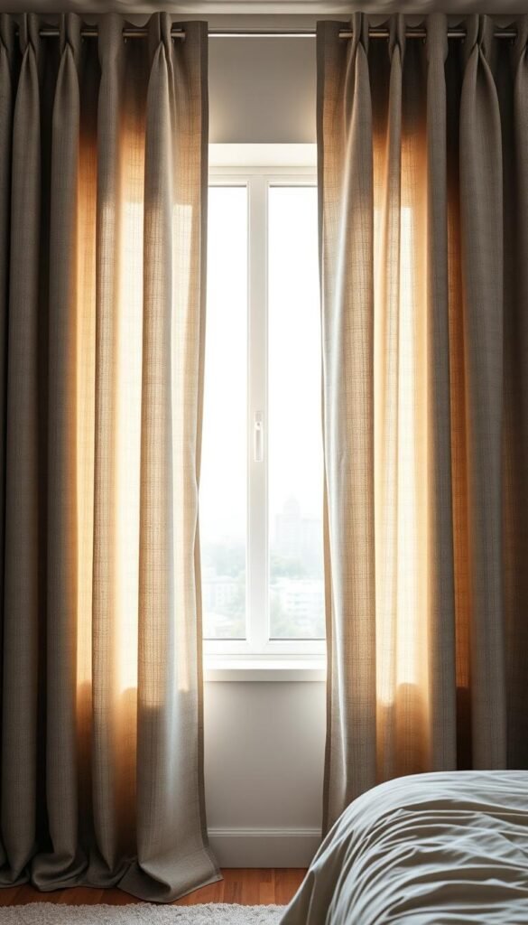 A cozy, well-lit bedroom scene featuring a set of floor-to-ceiling grey curtains that elegantly frame the window. The curtains are textured with a subtle sheen, hinting at their insulating properties. Soft, diffused daylight filters through, creating a warm and inviting ambiance. In the foreground, the curtains are partially drawn, revealing a glimpse of the outdoors - a serene landscape or cityscape, depending on the desired setting. The curtains are hung with a modern, minimalist rod system that blends seamlessly into the decor. The overall atmosphere conveys a sense of tranquility, energy efficiency, and noise reduction, perfectly complementing the section title.