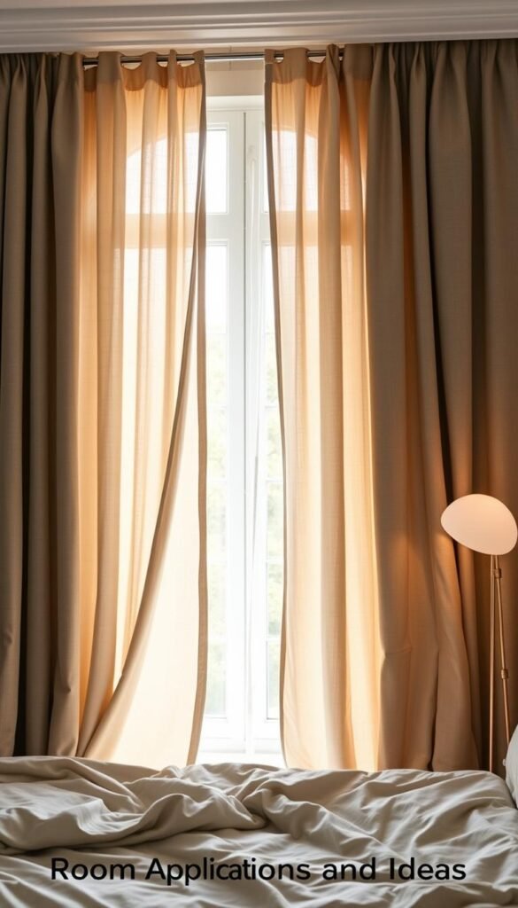 A cozy, well-lit bedroom with a large window. Soft, flowing grey and beige curtains frame the view, creating a serene and inviting atmosphere. The curtains are delicately draped, with subtle folds and textures that add depth and character to the space. Warm, directional lighting from a floor lamp casts a gentle glow, highlighting the fabric's nuanced hues and patterns. The curtains seamlessly blend with the neutral-toned walls and bedding, creating a cohesive and harmonious design. The overall scene radiates a sense of relaxation and comfort, perfectly complementing the "Room-Specific Applications and Ideas" section of the article. A cozy, well-lit bedroom with a large window. Soft, flowing grey and beige curtains frame the view, creating a serene and inviting atmosphere. The curtains are delicately draped, with subtle folds and textures that add depth and character to the space. Warm, directional lighting from a floor lamp casts a gentle glow, highlighting the fabric's nuanced hues and patterns. The curtains seamlessly blend with the neutral-toned walls and bedding, creating a cohesive and harmonious design. The overall scene radiates a sense of relaxation and comfort, perfectly complementing the "Room-Specific Applications and Ideas" section of the article.