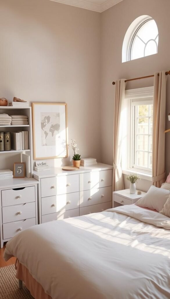 A cozy, well-lit bedroom with a neatly organized dresser, shelves, and nightstand. The decluttered foundation creates a serene and calming atmosphere, with a focus on minimalism and clean lines. Soft, natural lighting filters in through a large window, casting a warm glow on the meticulously arranged items. The bed is made with crisp, white linens, and a few carefully selected decor pieces, such as a potted plant and a simple vase, add a touch of personality. The overall impression is one of tranquility and a sense of control, setting the stage for a beautifully organized and aesthetically pleasing girls' bedroom.