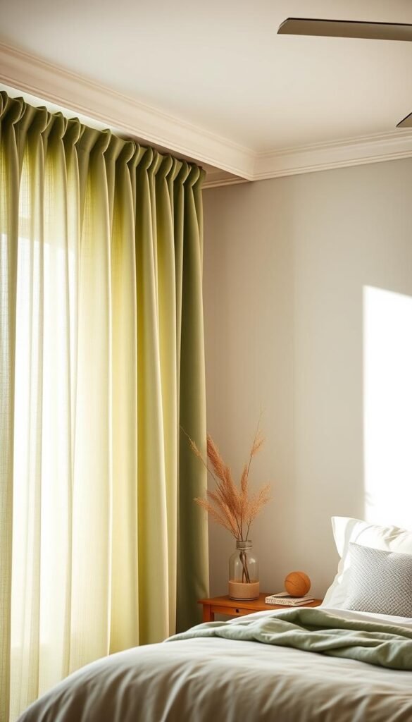A cozy, well-lit bedroom with a sage green curtain panel hanging gracefully in the foreground. The curtain interacts with soft, diffused natural lighting, casting gentle shadows and highlights that accentuate its rich, earthy hue. In the middle ground, the walls are painted in a complementary neutral tone, allowing the curtain to be the focal point. Carefully curated decor elements, such as wooden accents and plush textiles, blend harmoniously to create a soothing, organic ambiance. The overall scene conveys a sense of tranquility and freshness, reflecting the sophisticated yet inviting aesthetic of the sage green curtain. A cozy, well-lit bedroom with a sage green curtain panel hanging gracefully in the foreground. The curtain interacts with soft, diffused natural lighting, casting gentle shadows and highlights that accentuate its rich, earthy hue. In the middle ground, the walls are painted in a complementary neutral tone, allowing the curtain to be the focal point. Carefully curated decor elements, such as wooden accents and plush textiles, blend harmoniously to create a soothing, organic ambiance. The overall scene conveys a sense of tranquility and freshness, reflecting the sophisticated yet inviting aesthetic of the sage green curtain.