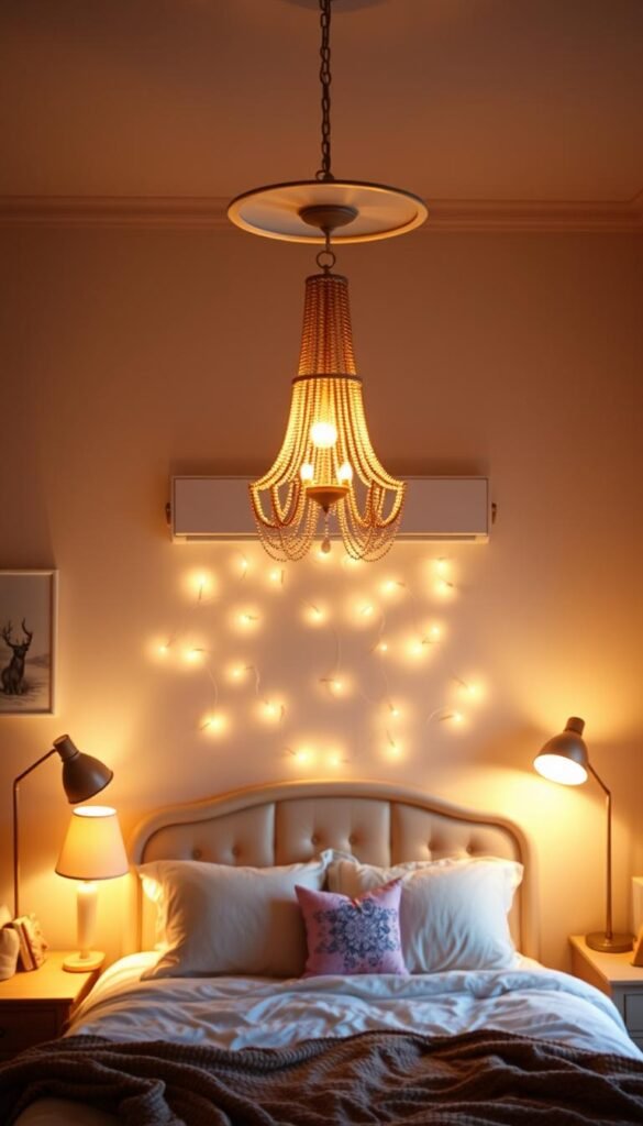 A cozy, well-lit bedroom with a warm, inviting atmosphere. A central chandelier casts a soft, ambient glow, complemented by strategically placed floor lamps and wall sconces that create pools of light, casting a gentle, diffused illumination. Delicate string lights adorn the headboard, their twinkling radiance adding a touch of whimsy. A mix of task lighting and mood lighting seamlessly blends, creating a harmonious and visually appealing space that encourages relaxation and creativity. The overall effect is one of sophisticated, yet comfortable, lighting design that sets the perfect mood for a girls' bedroom. A cozy, well-lit bedroom with a warm, inviting atmosphere. A central chandelier casts a soft, ambient glow, complemented by strategically placed floor lamps and wall sconces that create pools of light, casting a gentle, diffused illumination. Delicate string lights adorn the headboard, their twinkling radiance adding a touch of whimsy. A mix of task lighting and mood lighting seamlessly blends, creating a harmonious and visually appealing space that encourages relaxation and creativity. The overall effect is one of sophisticated, yet comfortable, lighting design that sets the perfect mood for a girls' bedroom.