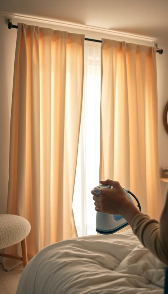 A cozy, well-lit bedroom with cream curtains hanging gracefully, highlighting the soft, warm glow of the room. In the foreground, a close-up view of the curtain fabric, its delicate texture and subtle pattern visible. The middle ground showcases a woman's hands gently caring for the curtains, folding and steaming them with care. In the background, a serene, minimalist decor scheme complements the soothing ambiance. Soft, diffused lighting from a nearby window casts a tranquil, ethereal atmosphere, emphasizing the importance of proper curtain maintenance for a beautiful, long-lasting bedroom oasis.