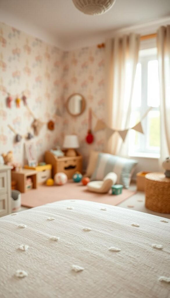 A cozy, well-lit children's bedroom with textured, durable wallpaper in soft pastel hues. The foreground features a close-up view of the wallpaper, showcasing its tactile quality and subtle patterns, perhaps inspired by nature or whimsical motifs. The middle ground reveals a playful arrangement of toys, pillows, and other decorative elements that complement the wallpaper's design. The background gently fades into a warm, inviting atmosphere, creating a sense of comfort and security. The lighting is soft and diffused, highlighting the wallpaper's depth and resilience, making it an ideal choice for a lively, active space.