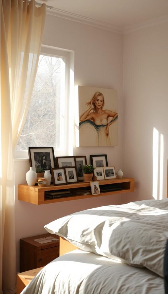 A cozy, well-lit corner of a bedroom, showcasing a carefully curated display of personal items. In the foreground, a floating wooden shelf holds an assortment of trinkets, framed photographs, and a small potted plant. Diffused sunlight filters through sheer curtains, casting a warm glow on the scene. On the wall behind the shelf, an abstract canvas painting adds a touch of artistic flair. The overall mood is one of tranquility and self-expression, inviting the viewer to imagine the stories and memories these items hold.