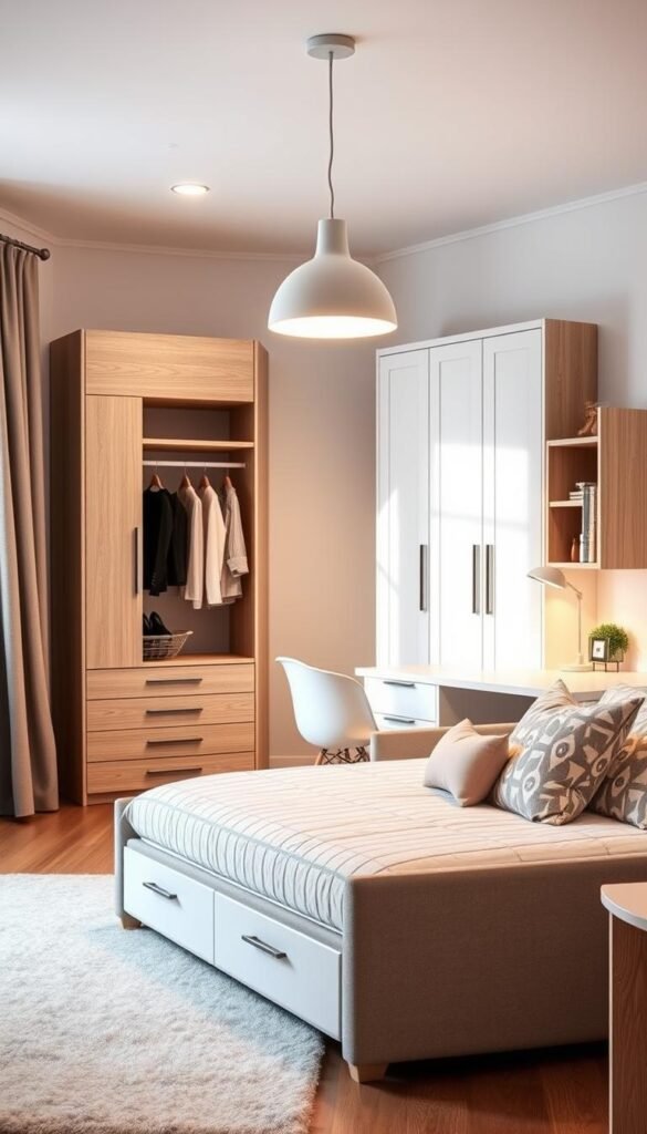 A cozy, well-lit girls' bedroom featuring a multifunctional furniture set. In the foreground, a sleek convertible daybed with built-in storage doubles as a sofa and guest bed. In the middle ground, a multitasking desk with drawers and shelves for organization. Complementing the setup, a stylish wardrobe with hanging rods and shelves for efficient storage. Soft, diffused lighting from a pendant fixture casts a warm glow, creating a inviting and functional atmosphere. The overall design blends form and function, maximizing the limited space with thoughtful, space-saving solutions. A cozy, well-lit girls' bedroom featuring a multifunctional furniture set. In the foreground, a sleek convertible daybed with built-in storage doubles as a sofa and guest bed. In the middle ground, a multitasking desk with drawers and shelves for organization. Complementing the setup, a stylish wardrobe with hanging rods and shelves for efficient storage. Soft, diffused lighting from a pendant fixture casts a warm glow, creating a inviting and functional atmosphere. The overall design blends form and function, maximizing the limited space with thoughtful, space-saving solutions.