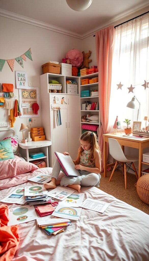 A cozy, well-lit girl's bedroom, filled with soft fabrics, vibrant colors, and whimsical decor. In the foreground, a young girl sits cross-legged on her bed, a sketchpad in hand, envisioning her dream space. Inspirational mood boards and swatches of fabric surround her, as she thoughtfully plans her DIY projects. The middle ground features a large, airy window, letting in natural light that filters through sheer curtains. In the background, shelves and desks display an array of craft supplies, art materials, and personal mementos, creating a space that encourages creativity and self-expression. The overall atmosphere is one of tranquility, imagination, and a sense of excited anticipation for the transformation to come. A cozy, well-lit girl's bedroom, filled with soft fabrics, vibrant colors, and whimsical decor. In the foreground, a young girl sits cross-legged on her bed, a sketchpad in hand, envisioning her dream space. Inspirational mood boards and swatches of fabric surround her, as she thoughtfully plans her DIY projects. The middle ground features a large, airy window, letting in natural light that filters through sheer curtains. In the background, shelves and desks display an array of craft supplies, art materials, and personal mementos, creating a space that encourages creativity and self-expression. The overall atmosphere is one of tranquility, imagination, and a sense of excited anticipation for the transformation to come.