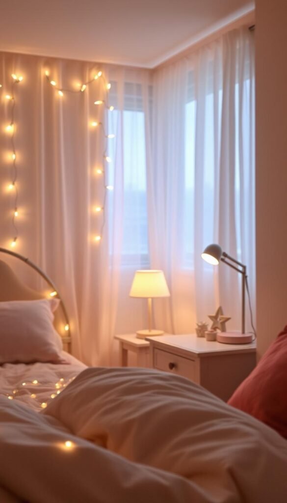 A cozy, well-lit girls bedroom with a delicate balance of soft lighting. In the foreground, a string of fairy lights draped across the headboard, creating a warm, enchanting glow. In the middle ground, a sleek, modern table lamp casts a gentle, diffused light over a neatly arranged nightstand. The background features a window with sheer curtains, allowing natural light to filter in and create a dreamy, ethereal atmosphere. The overall mood is one of tranquility, comfort, and a touch of whimsy, perfect for setting the tone in a girls' personal sanctuary. A cozy, well-lit girls bedroom with a delicate balance of soft lighting. In the foreground, a string of fairy lights draped across the headboard, creating a warm, enchanting glow. In the middle ground, a sleek, modern table lamp casts a gentle, diffused light over a neatly arranged nightstand. The background features a window with sheer curtains, allowing natural light to filter in and create a dreamy, ethereal atmosphere. The overall mood is one of tranquility, comfort, and a touch of whimsy, perfect for setting the tone in a girls' personal sanctuary.
