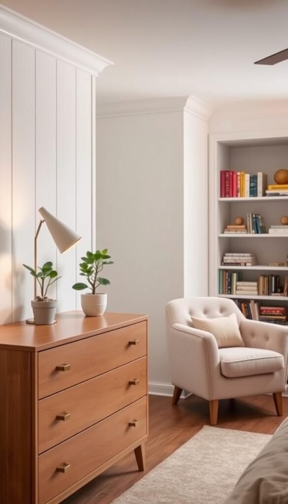 A cozy, well-lit girls' bedroom with modern, complementary wall paneling and furniture. In the foreground, a sleek, mid-century-inspired dresser with clean lines and brass hardware stands against the paneled wall. Atop the dresser, a potted plant and a minimalist table lamp create a harmonious vignette. In the middle ground, a plush, tufted armchair in a soft, pastel shade invites relaxation, while a neatly organized bookshelf filled with colorful books and decorative accents completes the scene. The room is bathed in warm, diffused lighting, creating a welcoming and serene atmosphere.