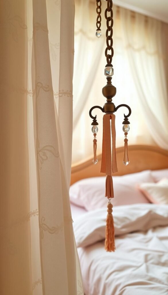 A cozy, well-lit girls bedroom with soft, elegant curtain trims and accessories. In the foreground, delicate lace and floral patterns adorn the sheer curtain panels, their intricate details casting gentle shadows on the plush, pastel-toned bedding. In the middle ground, a set of decorative tassels, ribbons, and crystal finials accent the curtain rods, adding visual interest and a touch of whimsy. The background features a warm, inviting palette, with a wooden headboard and neutral-toned walls, creating a harmonious, serene atmosphere. The lighting is soft and diffused, lending a dreamy, feminine quality to the scene. Captured with a wide-angle lens to showcase the full elegance of the curtain treatments and bedroom decor.