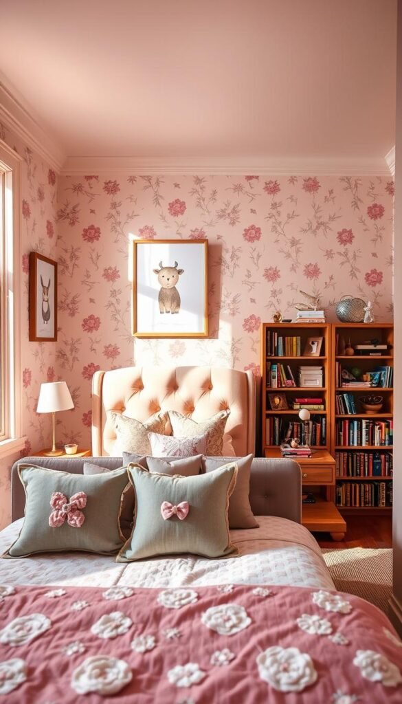 A cozy, well-lit girl's bedroom with warm, natural lighting spilling through large windows. In the foreground, a custom-designed wallpaper featuring delicate floral patterns in soft pastel hues. On the walls, framed art prints of whimsical animal illustrations in complementary colors. A plush, tufted headboard in a neutral tone anchors the focal point, accented by decorative throw pillows. In the middle ground, a stylish dresser and nightstand in a natural wood finish. The background showcases a neatly arranged bookshelf filled with colorful books and decorative trinkets. The overall atmosphere is inviting, feminine, and reflective of a personalized, sophisticated design aesthetic.