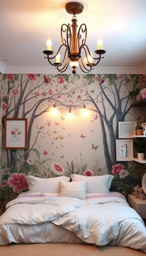 A cozy, well-lit girls' room featuring a vibrant floral wallpaper accent wall. The focal point is a stunning hand-painted mural depicting a whimsical forest scene with delicate flowers, butterflies, and birds. Soft white bedding and pastel accents complement the nature-inspired theme, creating a serene and enchanting atmosphere. Warm lighting from a vintage-inspired chandelier casts a gentle glow, highlighting the intricate details of the wallpaper and mural. Framed botanical prints and shelves adorned with potted plants add layers of texture and visual interest to the space, reflecting the room's natural, feminine aesthetic.